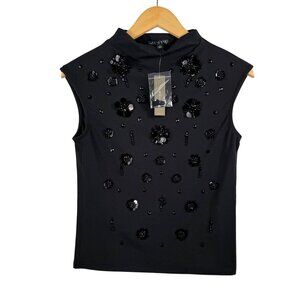 J.crew Stretch cotton-blend mockneck with floral‎ embellishment black sz S